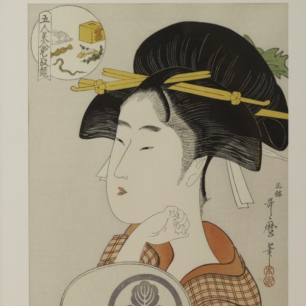 Kitagawa Utamaro, Comparing the Charms of Five Beauties: Tomimoto Itsutomi Woodblock Print, with frame